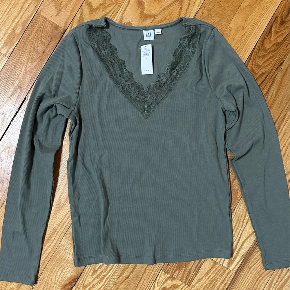 NWT GAP Olive Long Sleeve Top with Lace Detail